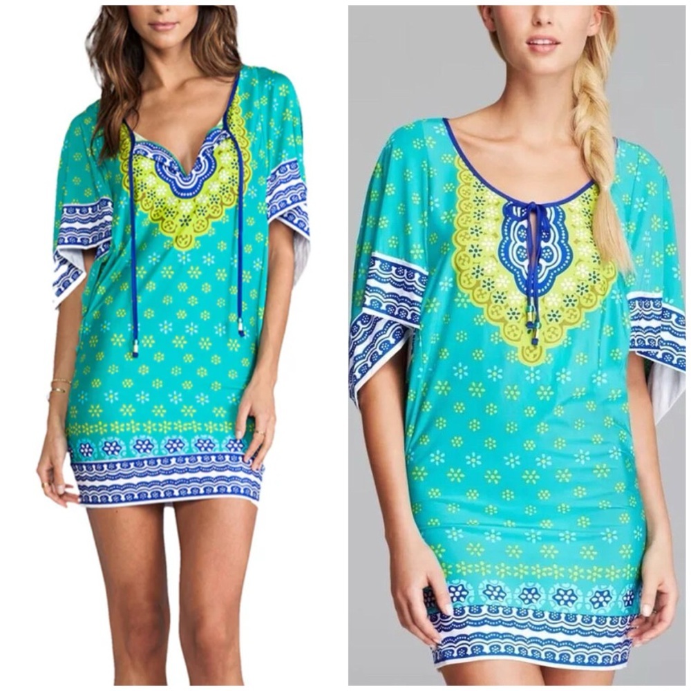 Trina Turk Seychelles Tunic XS Swim Coverup Jungle green blue white bathing suit